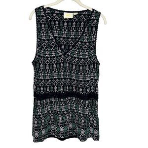 Maeve by Anthropologie Cammie Tank Top Large Black Green White Embroidered Boho